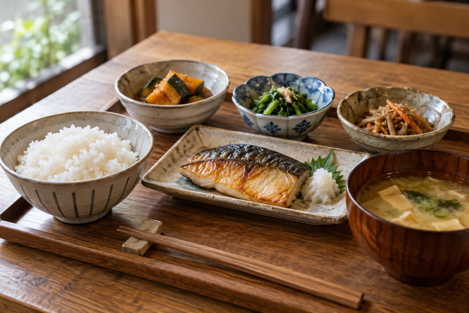 木の盆に並んだごはんと季節の小鉢